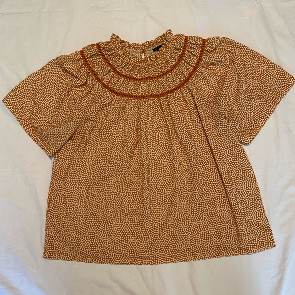 Ann Taylor Orange and White Polka Dot Blouse with Ruffle Collar